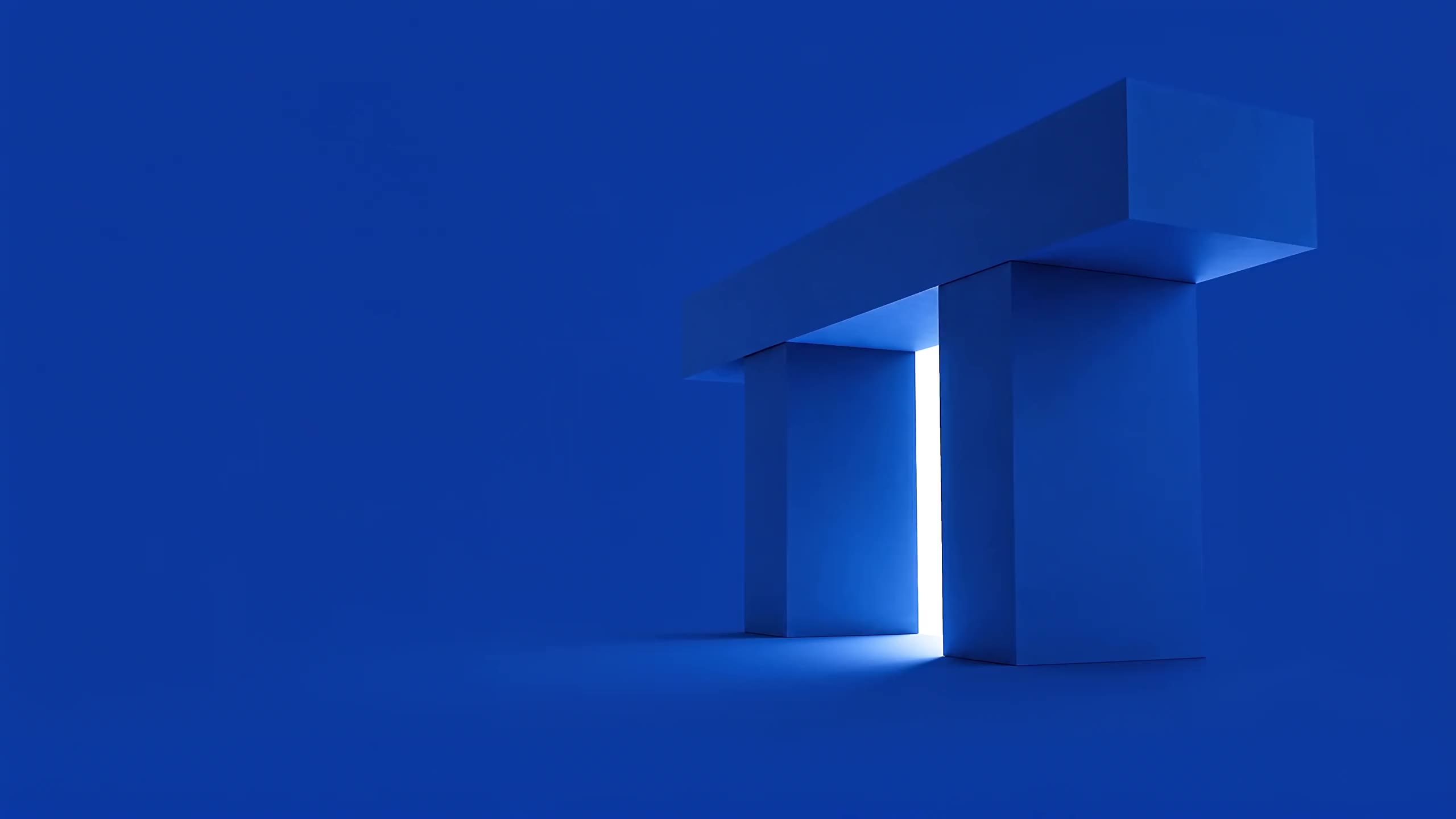 A minimal sculpture of one beam resting across two pillars, with warm light glowing through the opening.